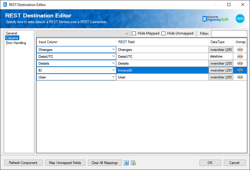 SSIS REST Xero Destination - Columns